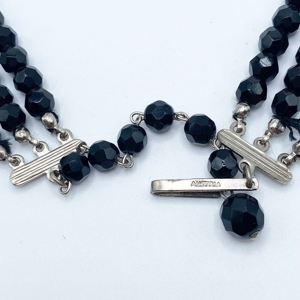 Vintage Austria Black Faceted Glass Triple Strand Necklace Pierced Earrings Set - Picture 7 of 14